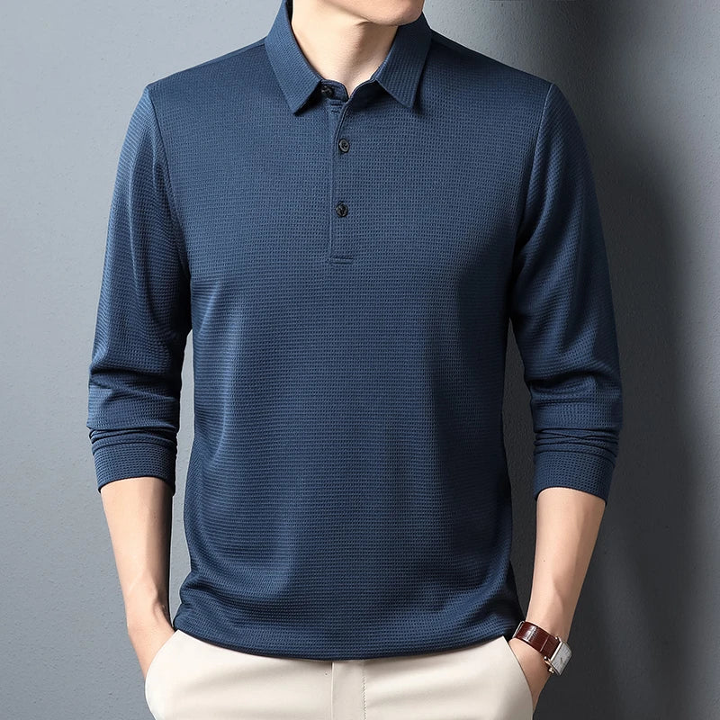 Polo de hombre manga larga liso antiarrugas – estilo casual cómodo para primavera y otoño