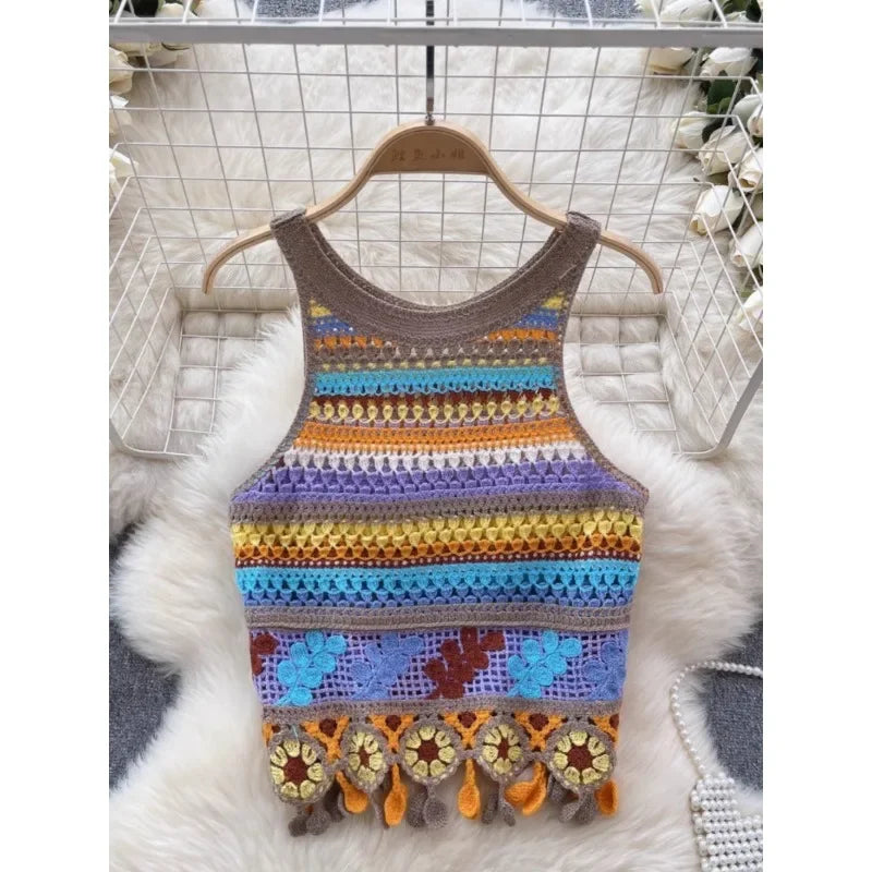 Top patchwork con borlas para mujer – estilo dulce y juvenil de encaje para verano