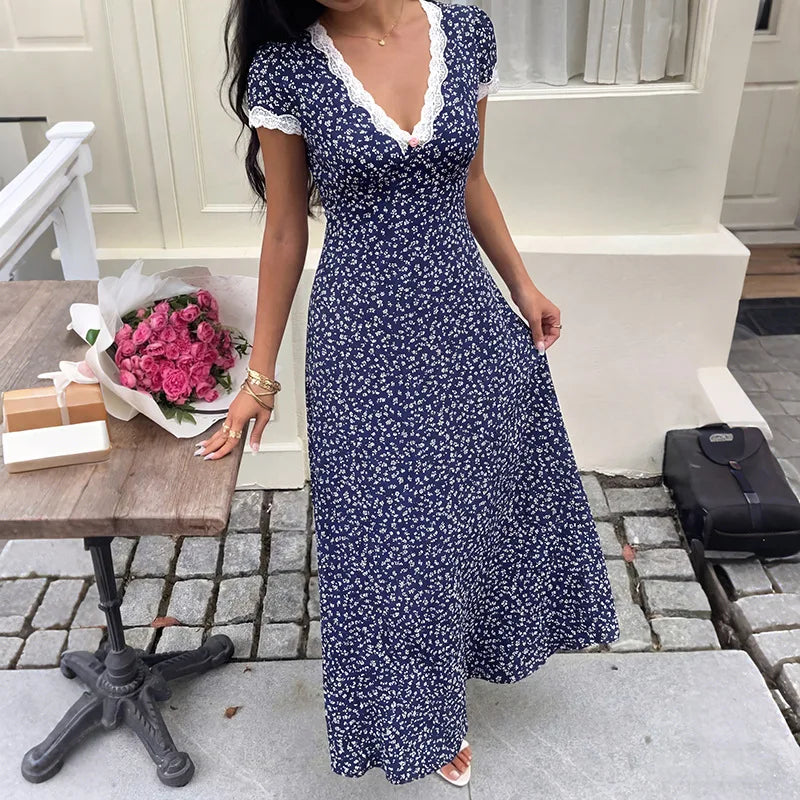 Vestido Largo Estampado con Encaje y Escote en V – Elegante, Fresco y Favorecedor de Verano ✨🌸