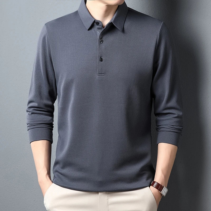 Polo de hombre manga larga liso antiarrugas – estilo casual cómodo para primavera y otoño