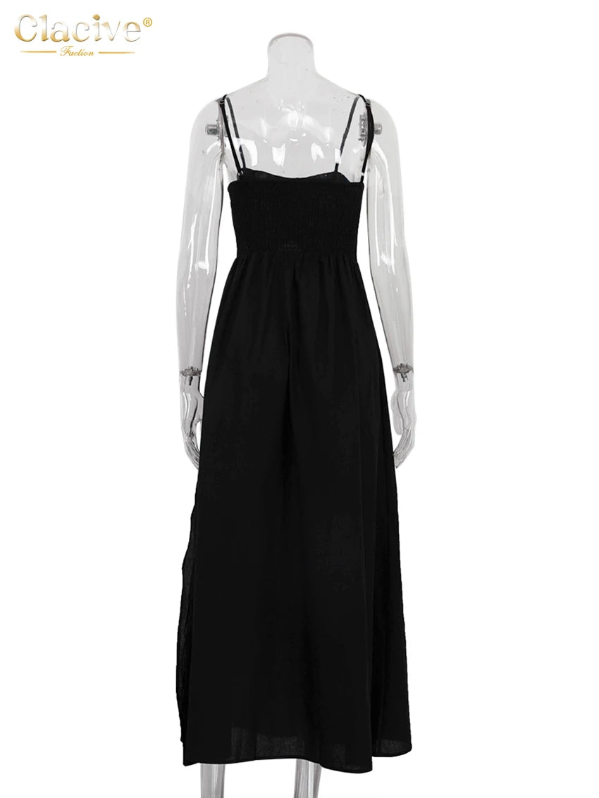 Vestido largo de algodón sin mangas con bolsillos y aberturas
