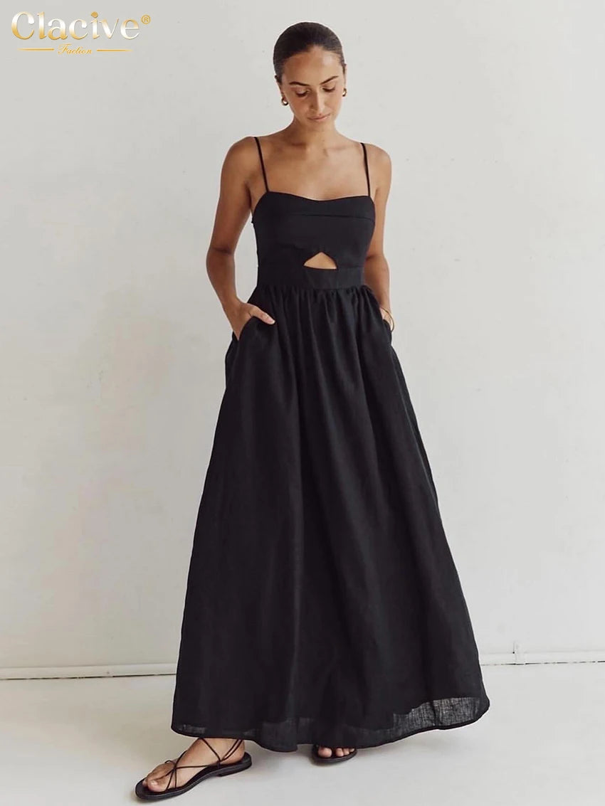 Vestido largo de algodón sin mangas con bolsillos y aberturas