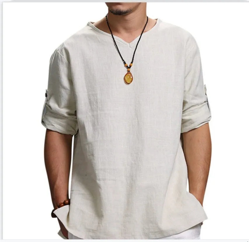 Camisa de Playa para Hombre de Algodón con Cuello en V – Estilo Verano Informal de Manga 3/4