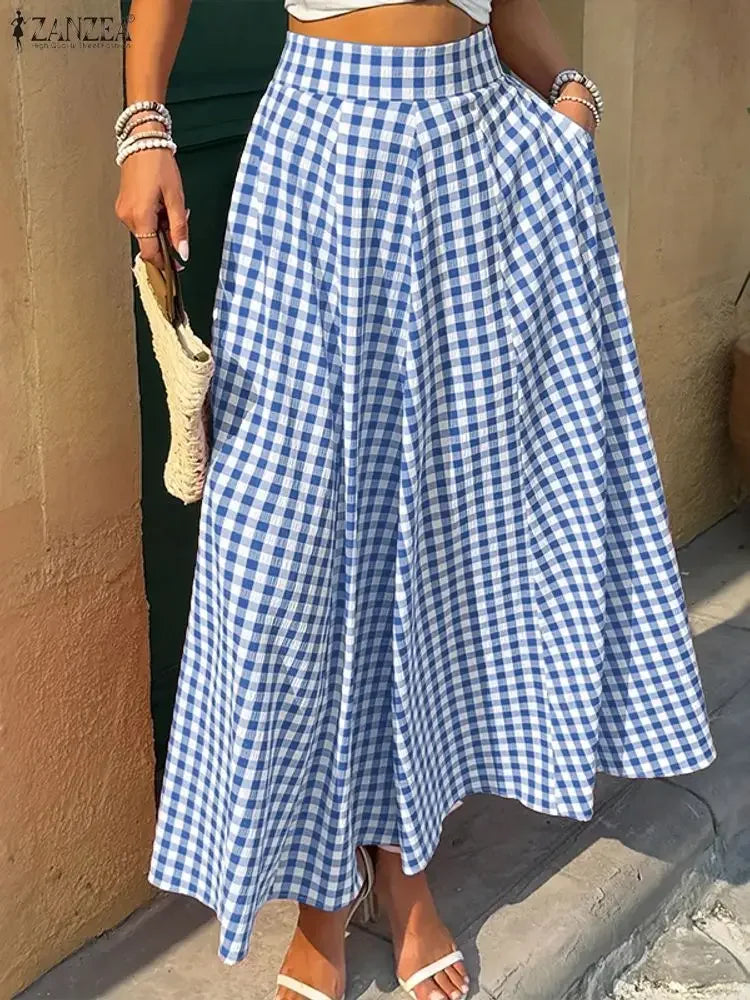🌿 Falda Larga ZANZEA Cuadros A-Line – Elegancia Casual para Primavera y Otoño