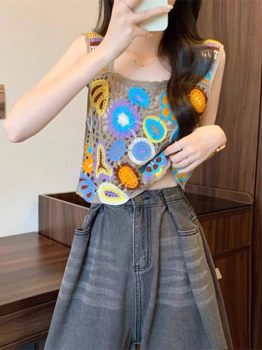 Top patchwork con borlas para mujer – estilo dulce y juvenil de encaje para verano