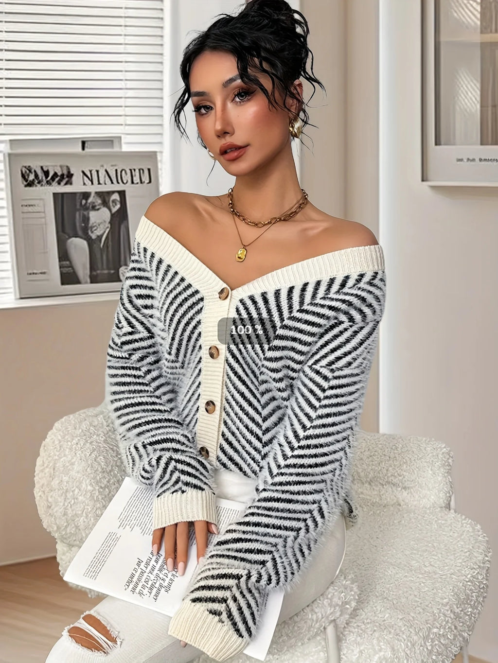 Chaqueta de Punto Rayas Abierta con Botones – Estilo Casual Cálido y Elegante 🍂✨
