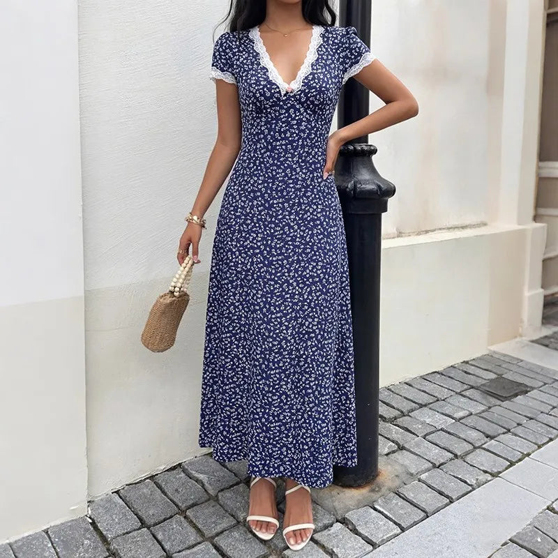Vestido Largo Estampado con Encaje y Escote en V – Elegante, Fresco y Favorecedor de Verano ✨🌸