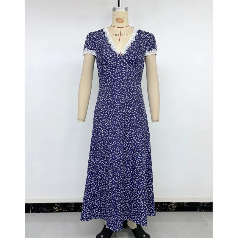 Vestido Largo Estampado con Encaje y Escote en V – Elegante, Fresco y Favorecedor de Verano ✨🌸