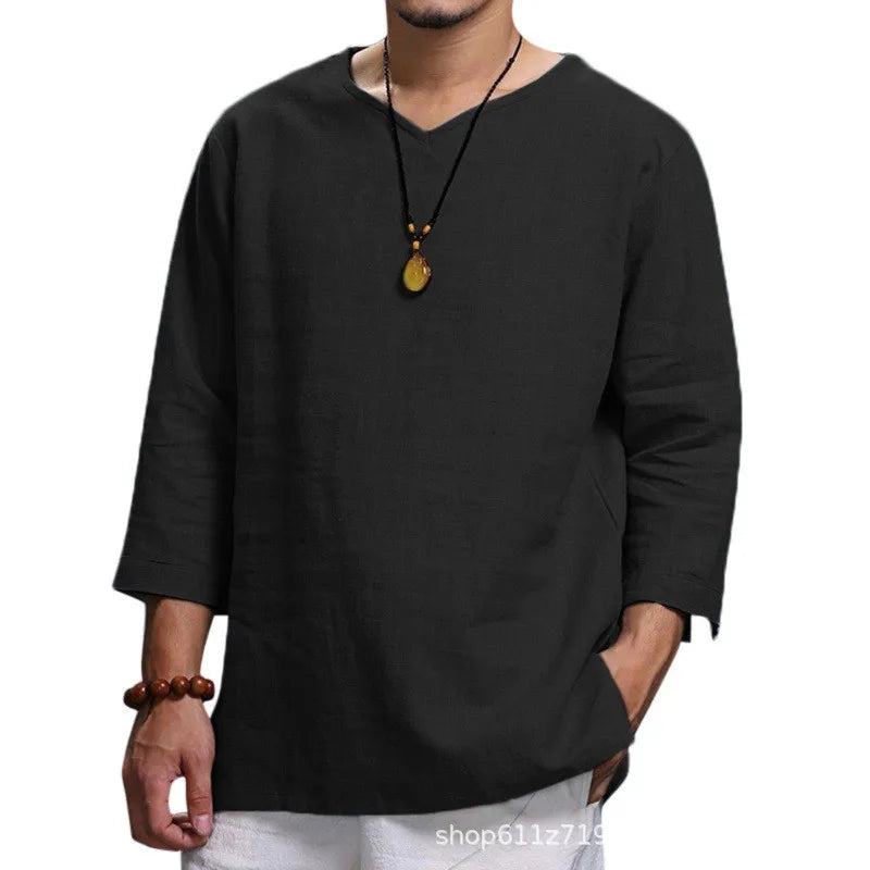 Camisa de Playa para Hombre de Algodón con Cuello en V – Estilo Verano Informal de Manga 3/4