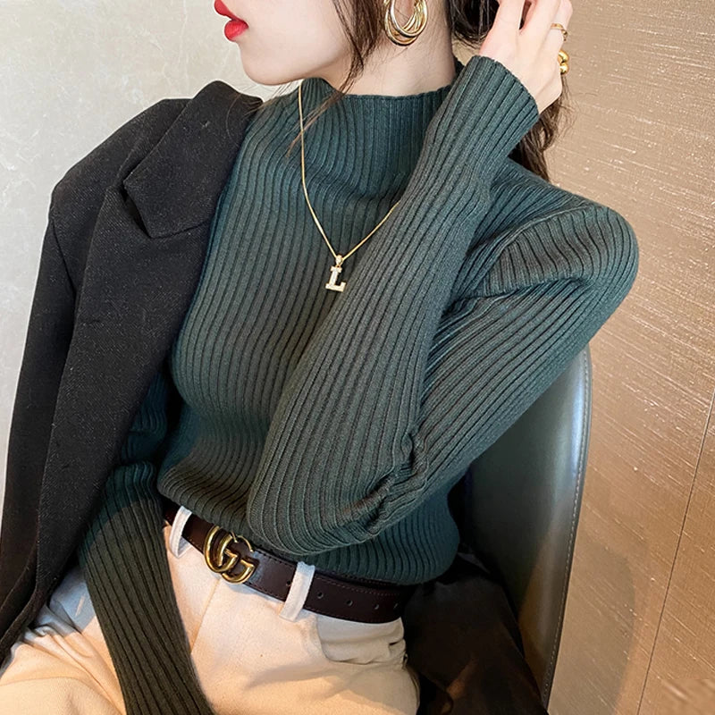 Jersey de Punto Entallado para Mujer con Cuello Alto – Estilo Básico Otoño/Invierno