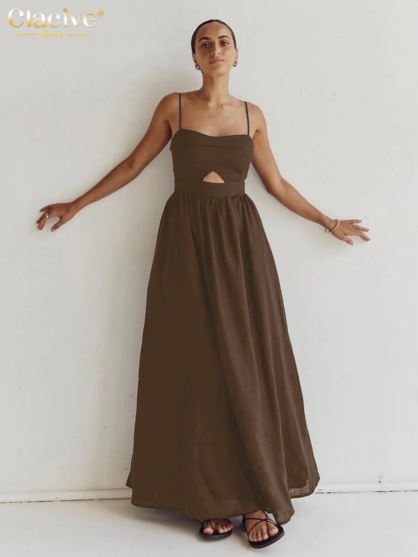 Vestido largo de algodón sin mangas con bolsillos y aberturas