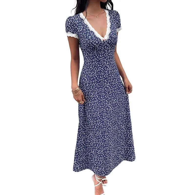 Vestido Largo Estampado con Encaje y Escote en V – Elegante, Fresco y Favorecedor de Verano ✨🌸
