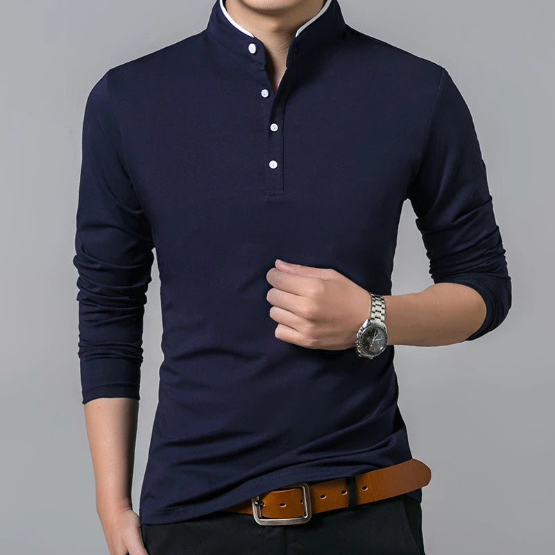 Polo de hombre manga larga estilo negocios liso antipilling – elegante y cómodo para primavera y otoño