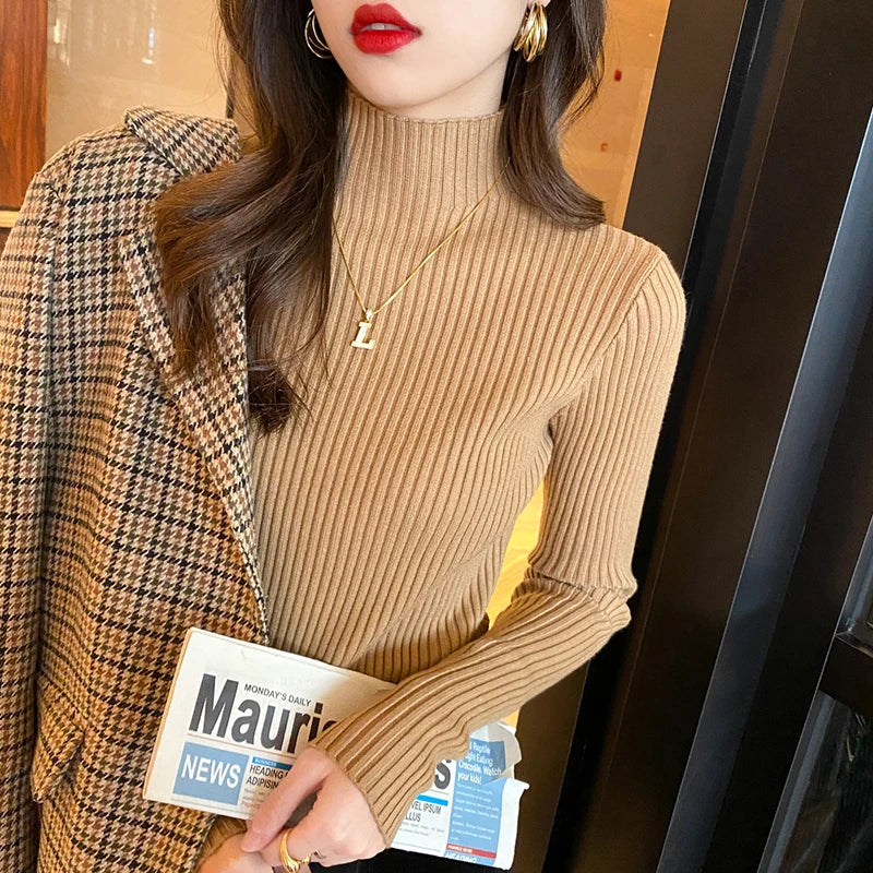 Jersey de Punto Entallado para Mujer con Cuello Alto – Estilo Básico Otoño/Invierno