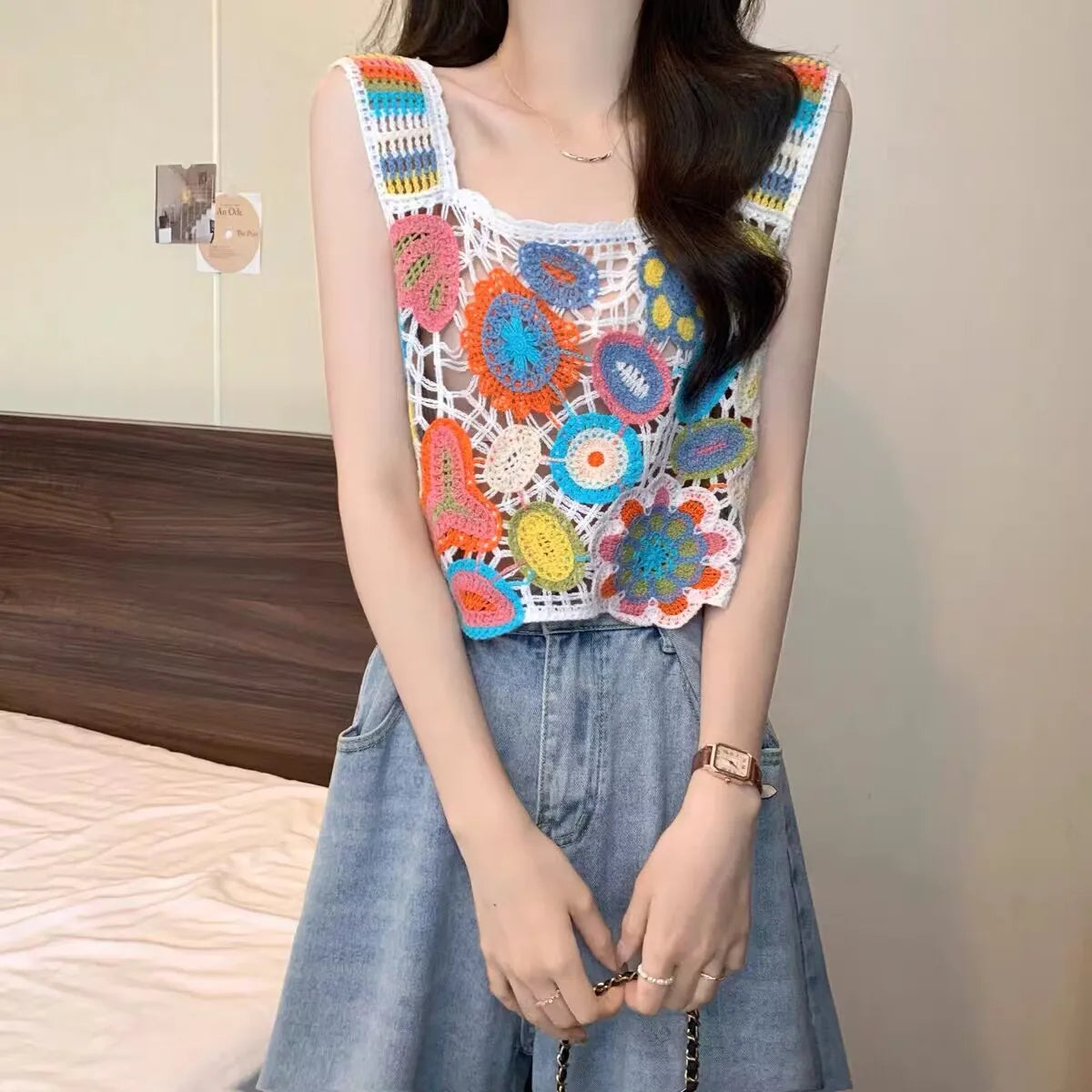 Top patchwork con borlas para mujer – estilo dulce y juvenil de encaje para verano