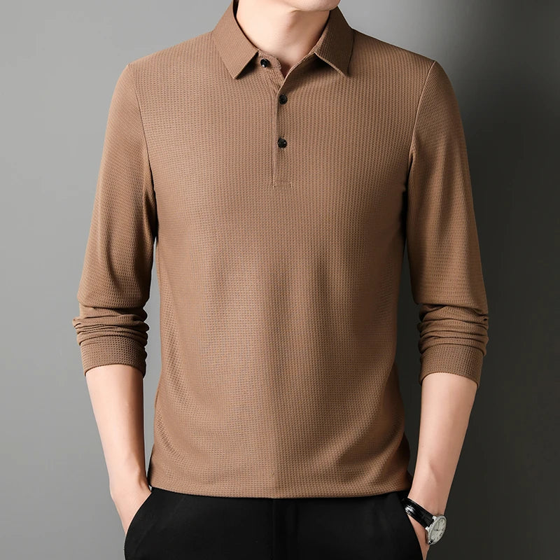 Polo de hombre manga larga liso antiarrugas – estilo casual cómodo para primavera y otoño
