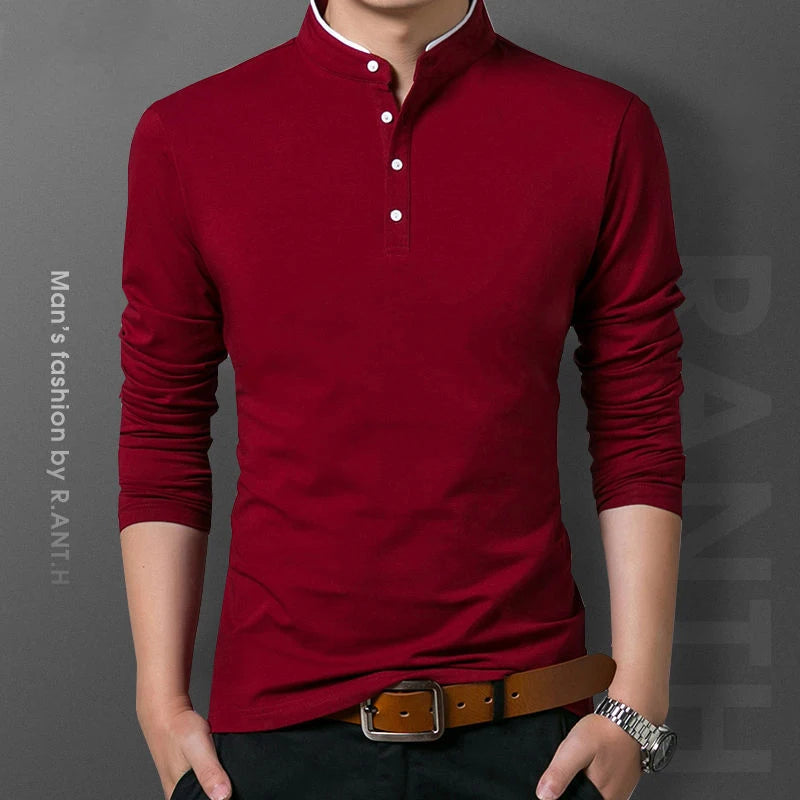 Polo de hombre manga larga estilo negocios liso antipilling – elegante y cómodo para primavera y otoño