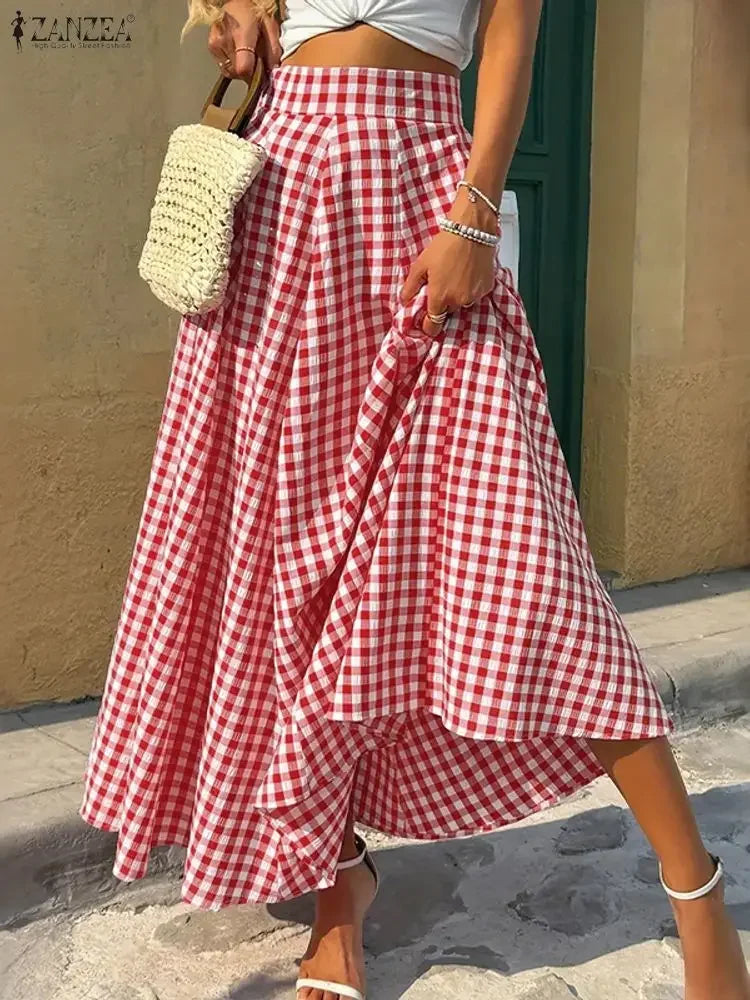 🌿 Falda Larga ZANZEA Cuadros A-Line – Elegancia Casual para Primavera y Otoño