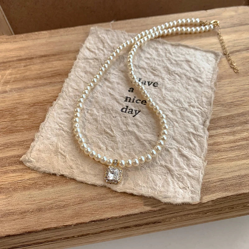 Pearl-Style Zircon Pendant Necklace