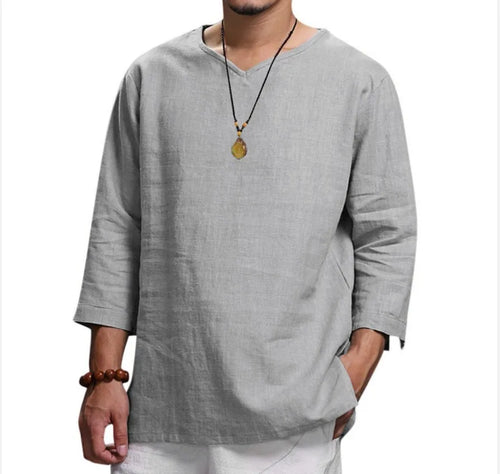 Camisa de Playa para Hombre de Algodón con Cuello en V – Estilo Verano Informal de Manga 3/4