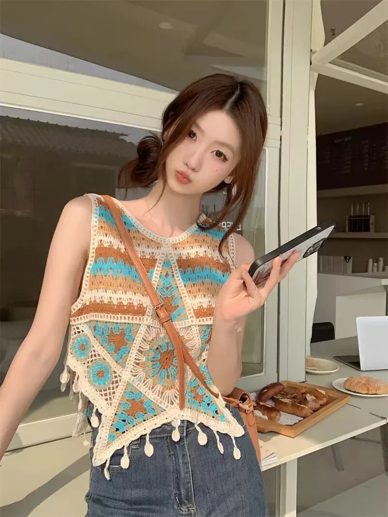 Top patchwork con borlas para mujer – estilo dulce y juvenil de encaje para verano
