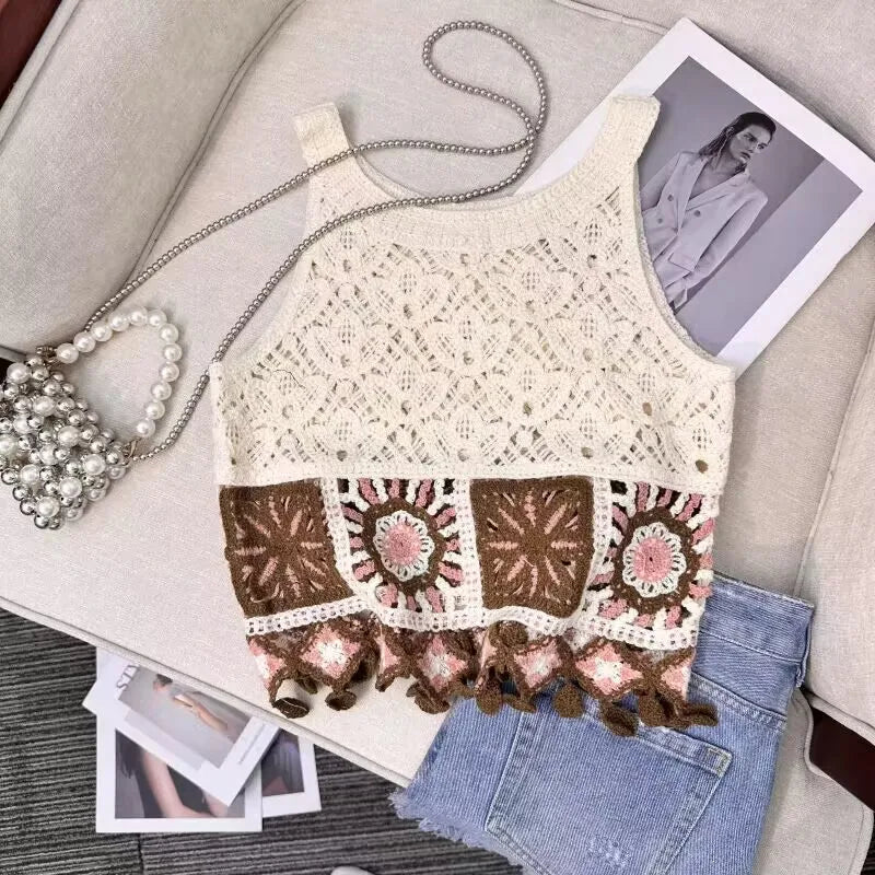 Top patchwork con borlas para mujer – estilo dulce y juvenil de encaje para verano