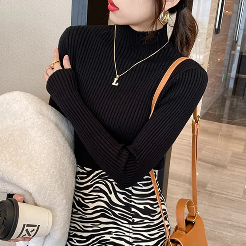 Jersey de Punto Entallado para Mujer con Cuello Alto – Estilo Básico Otoño/Invierno
