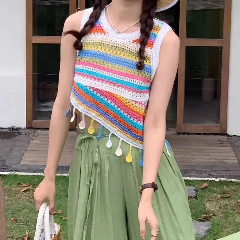 Top patchwork con borlas para mujer – estilo dulce y juvenil de encaje para verano