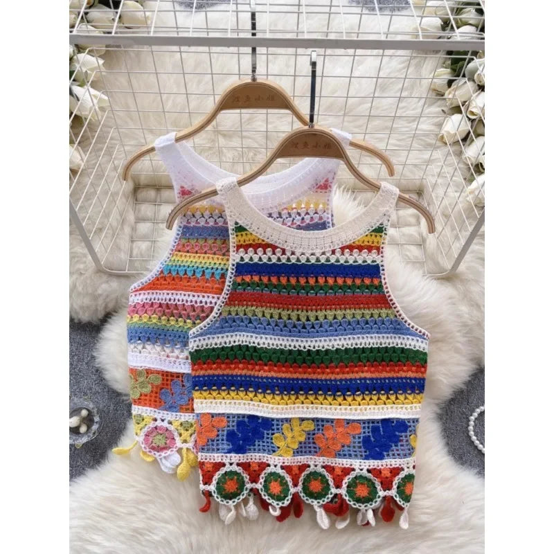 Top patchwork con borlas para mujer – estilo dulce y juvenil de encaje para verano
