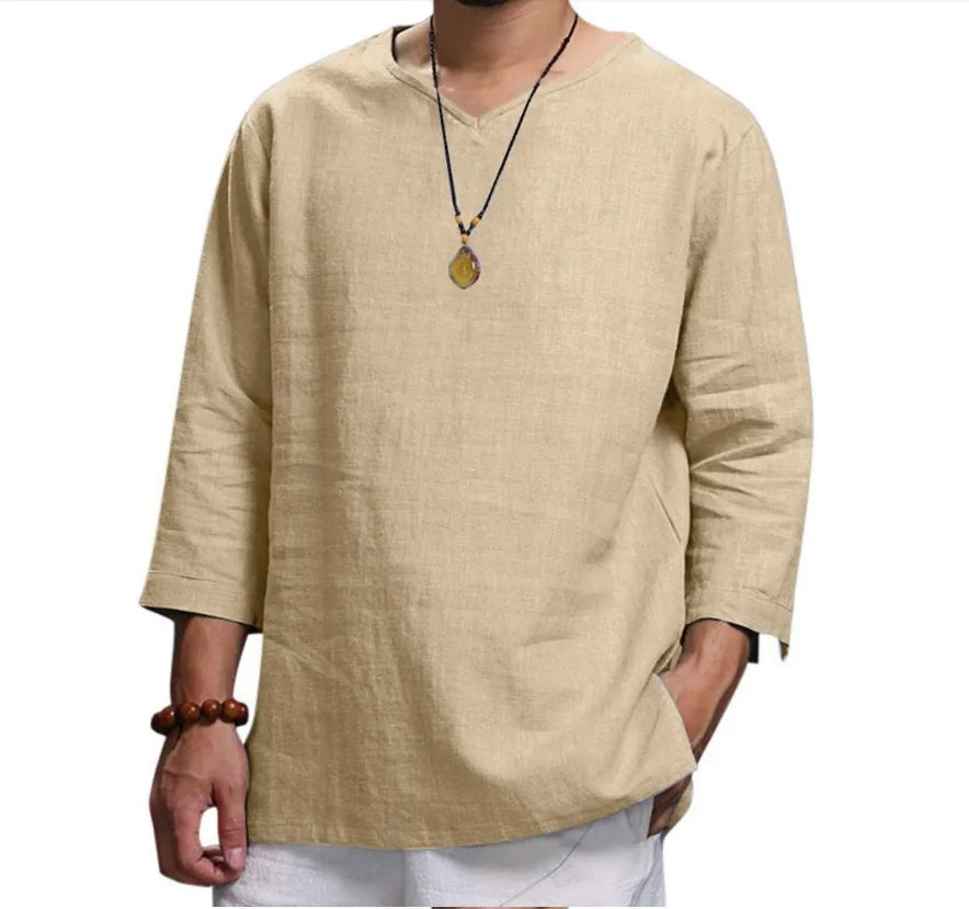 Camisa de Playa para Hombre de Algodón con Cuello en V – Estilo Verano Informal de Manga 3/4