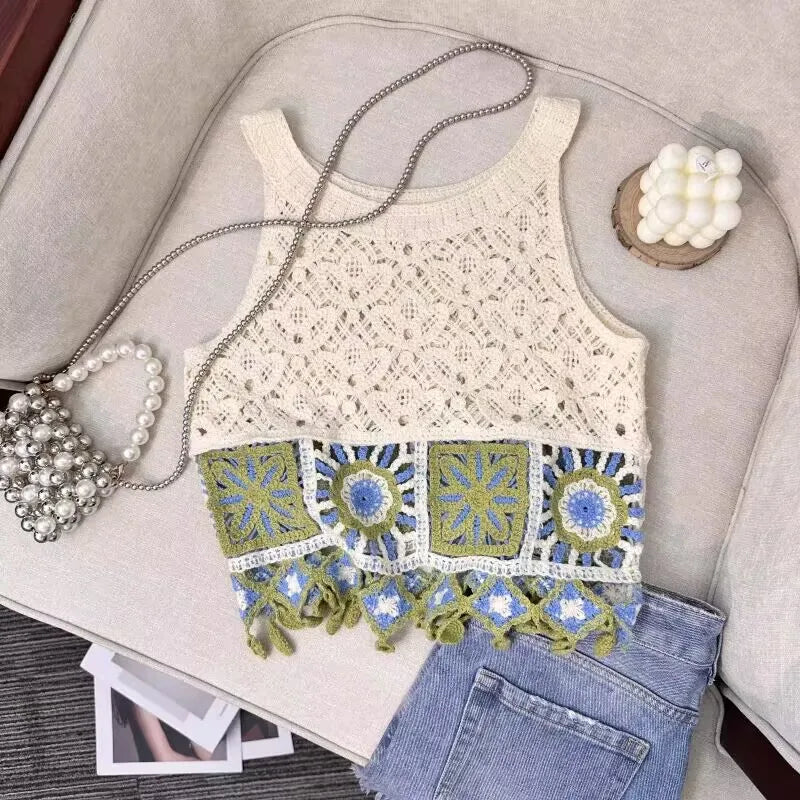 Top patchwork con borlas para mujer – estilo dulce y juvenil de encaje para verano