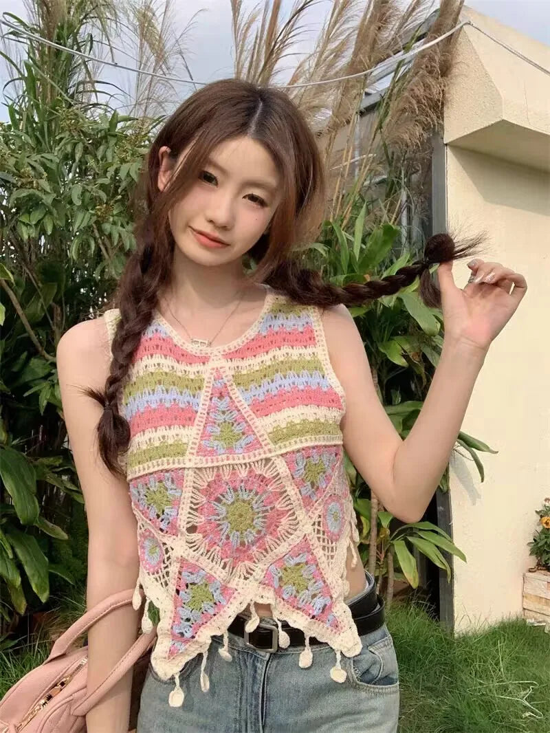 Top patchwork con borlas para mujer – estilo dulce y juvenil de encaje para verano