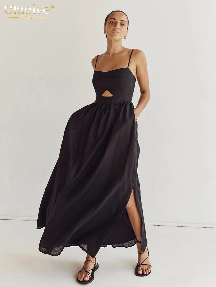 Vestido largo de algodón sin mangas con bolsillos y aberturas