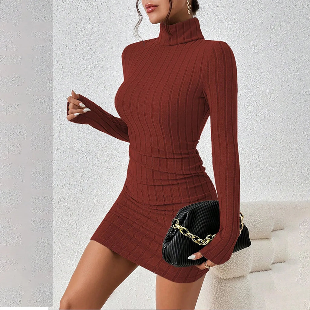 Minivestido de Punto Ajustado con Cuello Alto para Mujer – Estilo Chic Otoño/Invierno