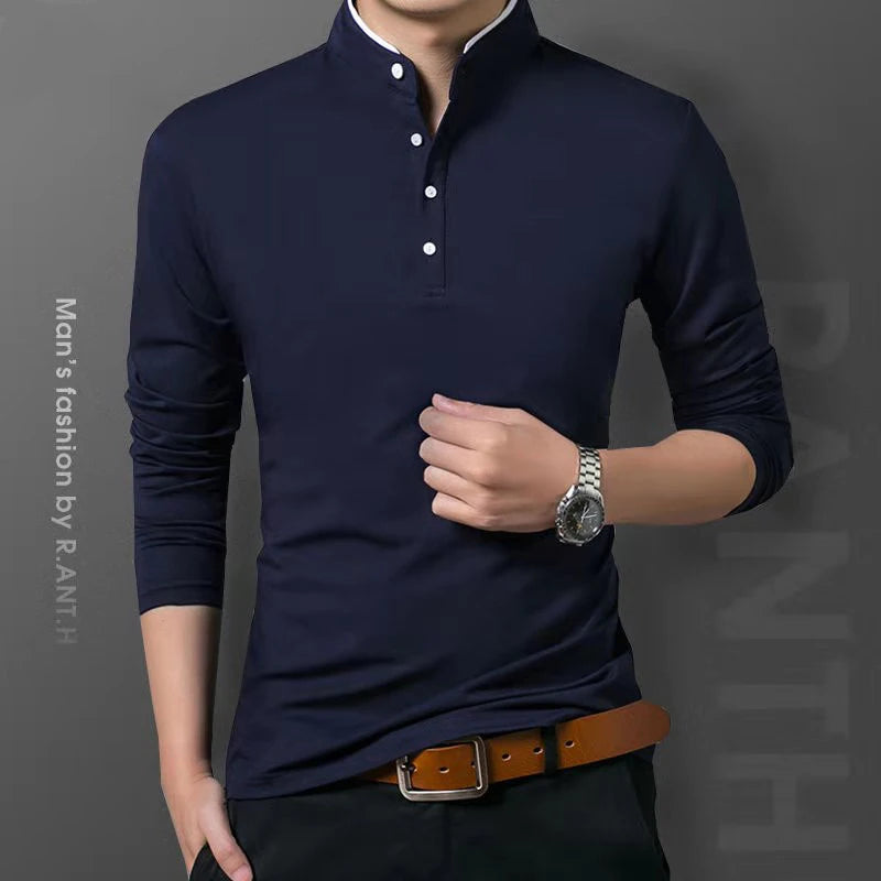 Polo de hombre manga larga estilo negocios liso antipilling – elegante y cómodo para primavera y otoño