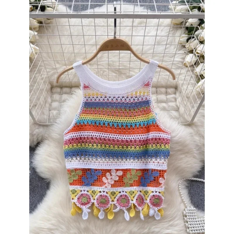 Top patchwork con borlas para mujer – estilo dulce y juvenil de encaje para verano