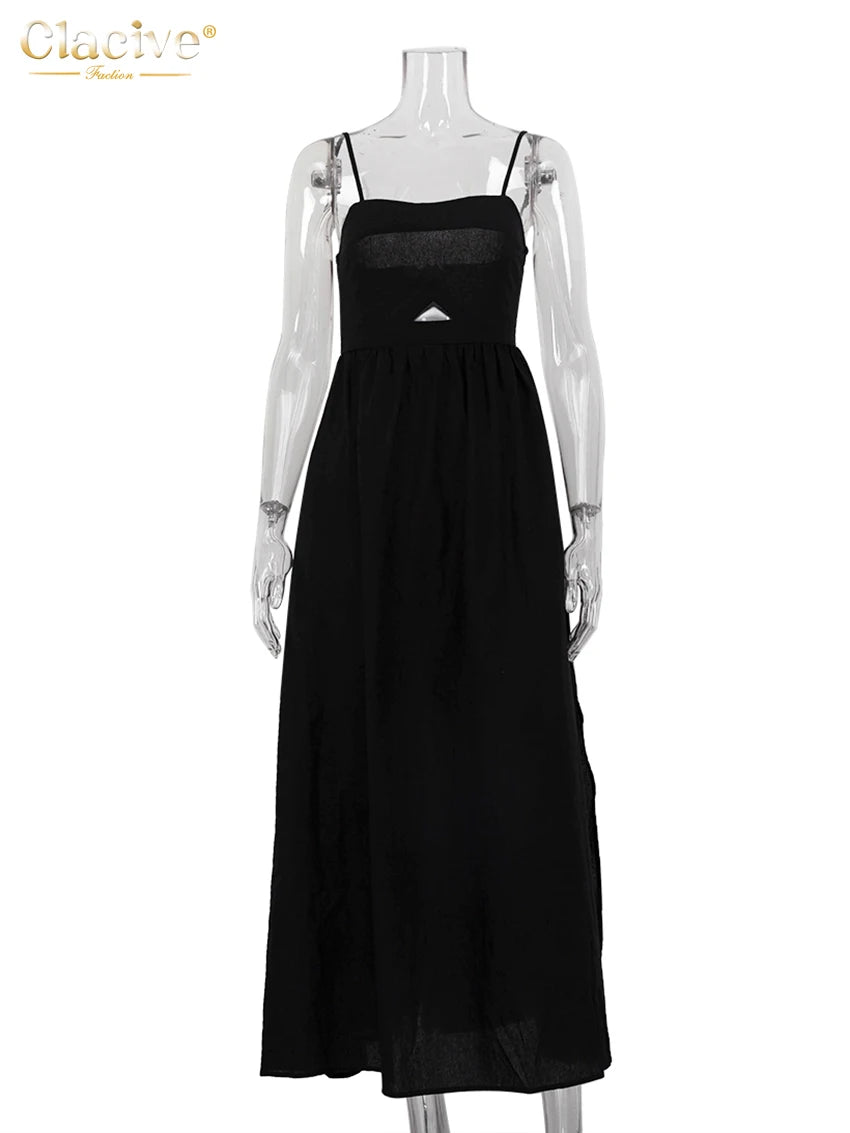 Vestido largo de algodón sin mangas con bolsillos y aberturas