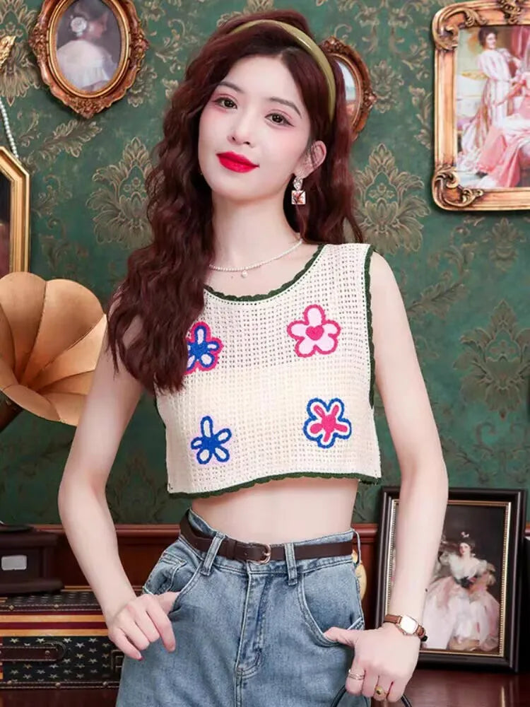 Top patchwork con borlas para mujer – estilo dulce y juvenil de encaje para verano