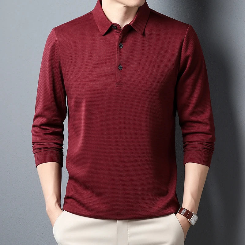 Polo de hombre manga larga liso antiarrugas – estilo casual cómodo para primavera y otoño