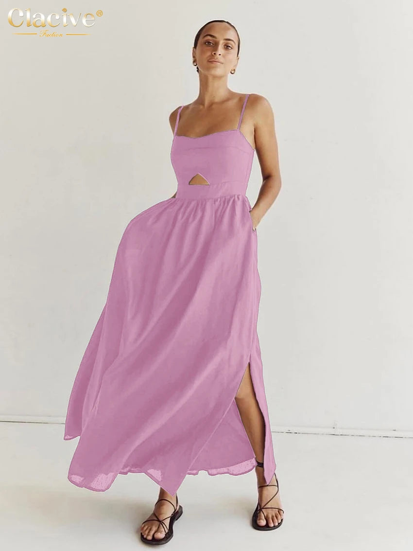 Vestido largo de algodón sin mangas con bolsillos y aberturas