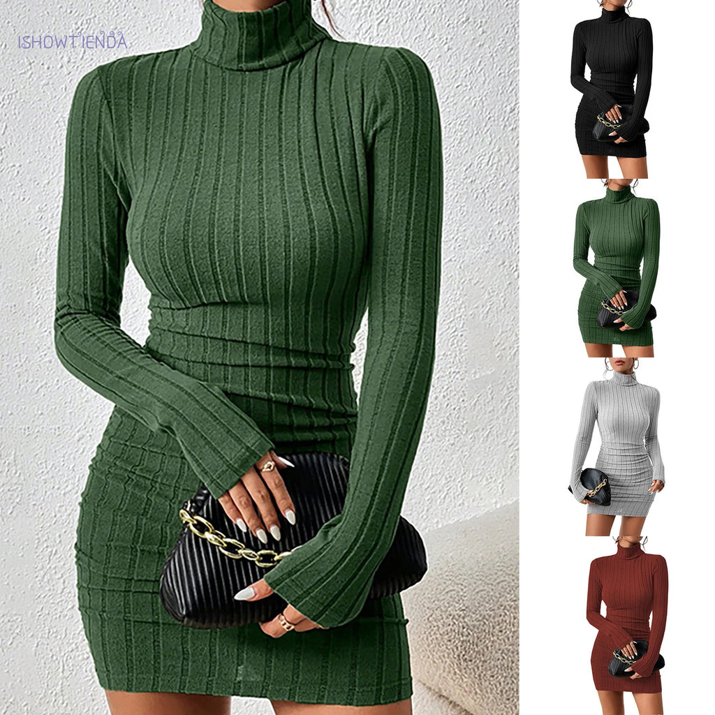 Minivestido de Punto Ajustado con Cuello Alto para Mujer – Estilo Chic Otoño/Invierno