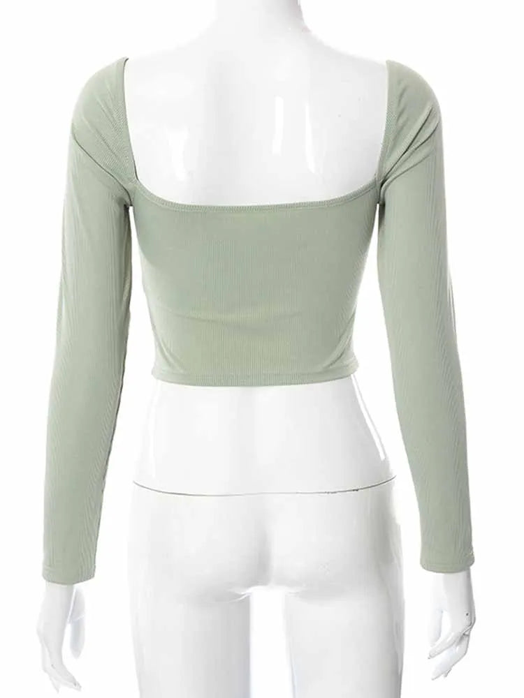 Top Entallado de Manga Larga con Cuello en V – Estilo Sexy para Otoño e Invierno
