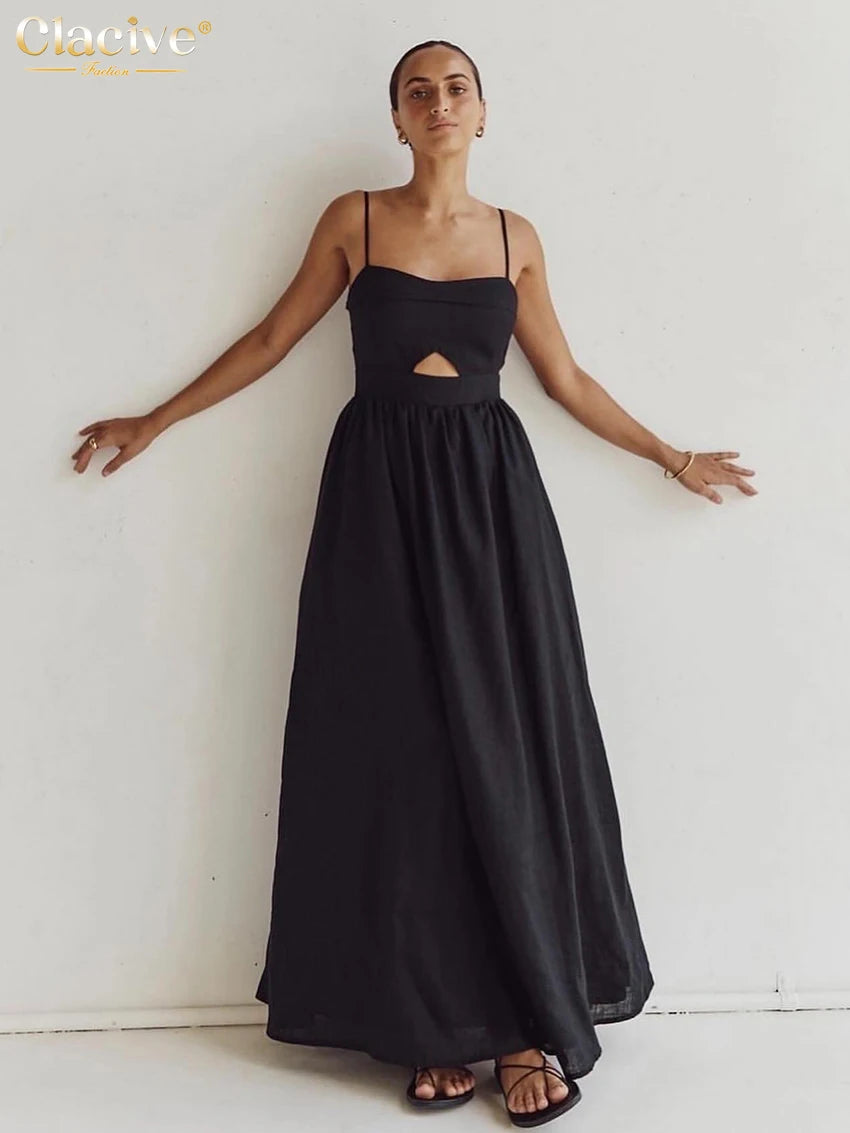 Vestido largo de algodón sin mangas con bolsillos y aberturas