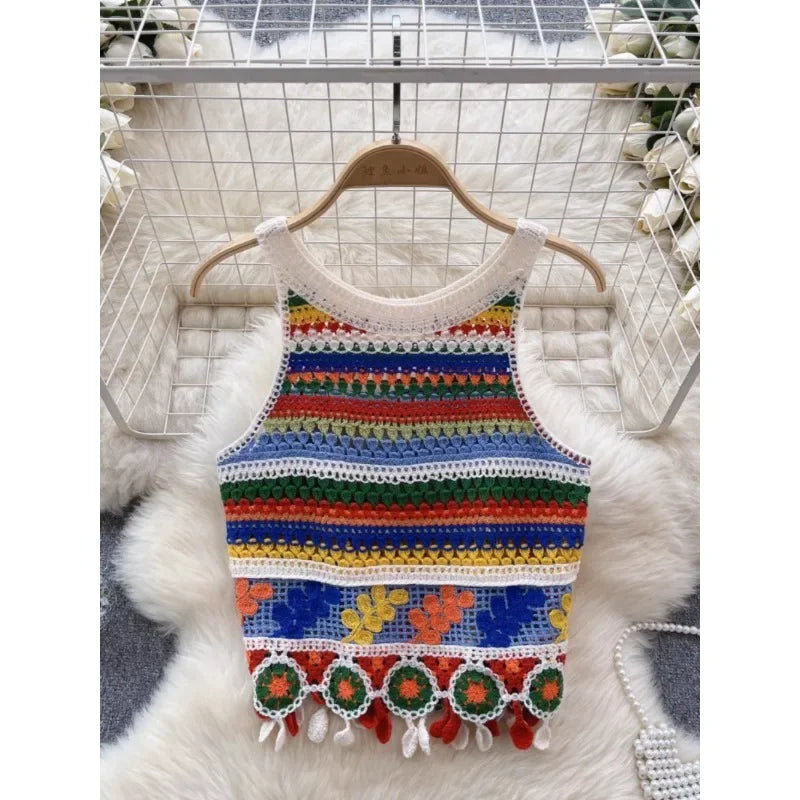 Top patchwork con borlas para mujer – estilo dulce y juvenil de encaje para verano