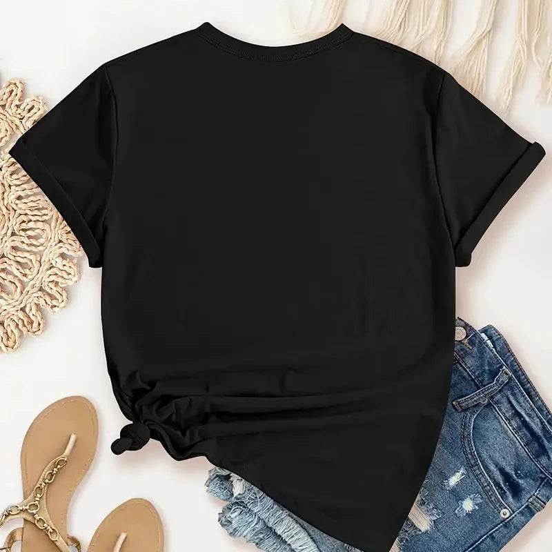 Camiseta de Mujer con Estampado de Letras y Encaje de Bolillos – Estilo Básico Verano