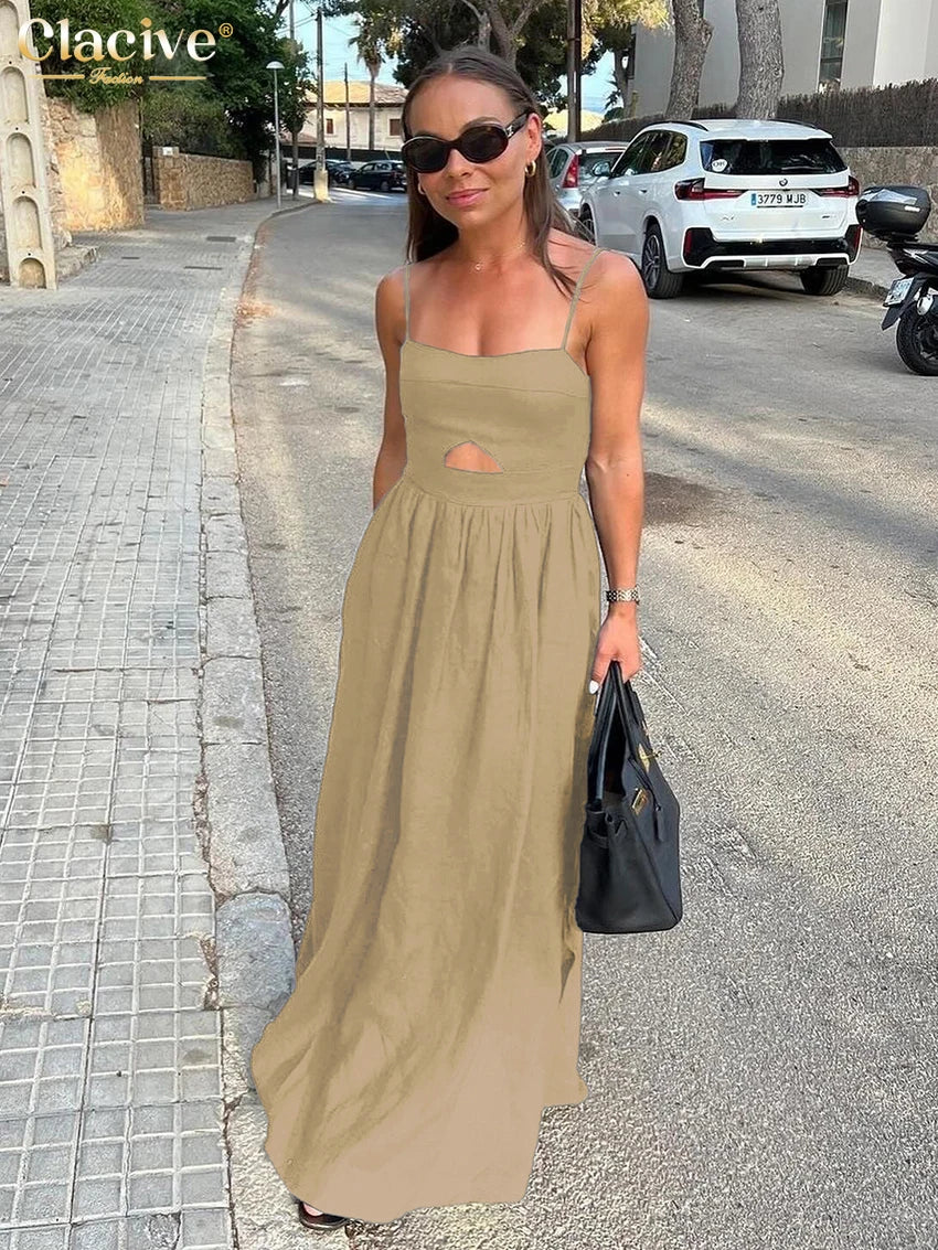 Vestido largo de algodón sin mangas con bolsillos y aberturas