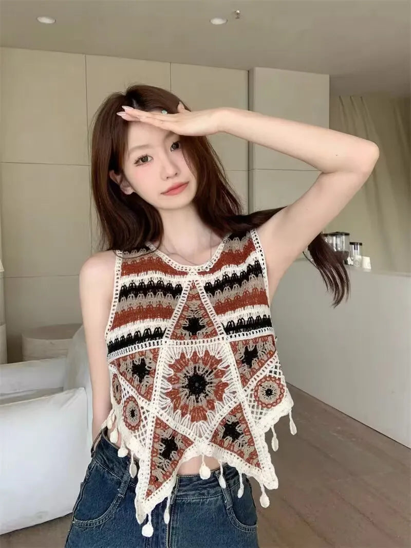 Top patchwork con borlas para mujer – estilo dulce y juvenil de encaje para verano