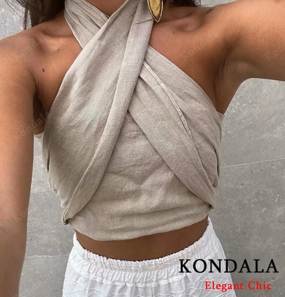 Camiseta sin mangas ajustada con escote halter cruzado de Cotton & Line