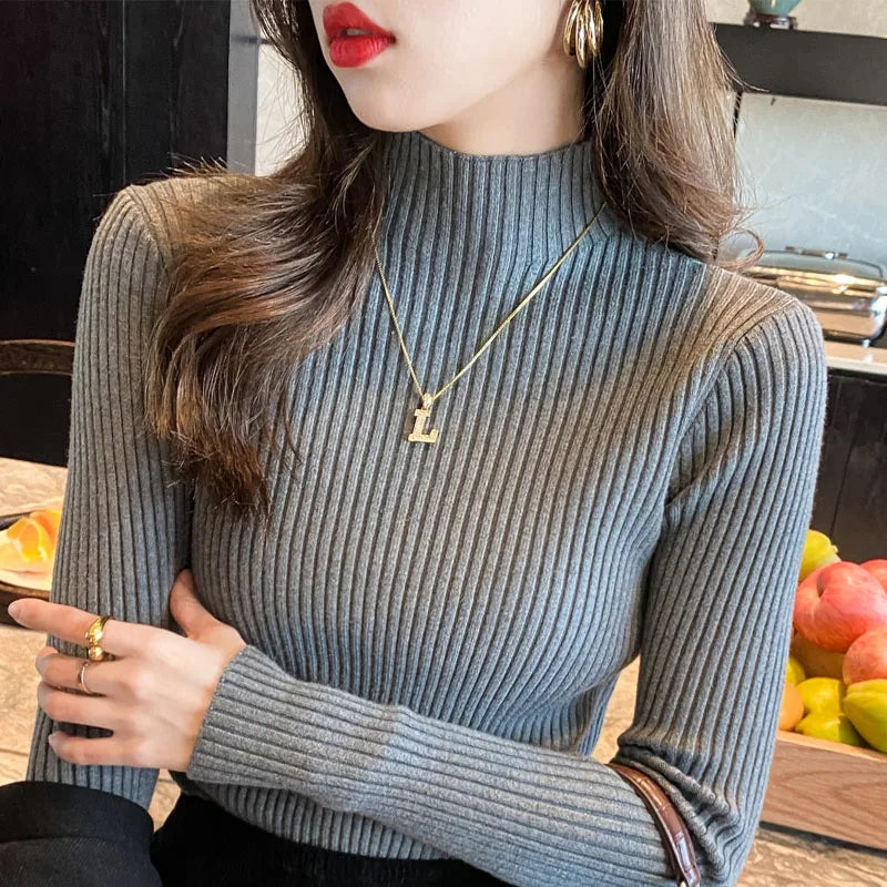 Jersey de Punto Entallado para Mujer con Cuello Alto – Estilo Básico Otoño/Invierno