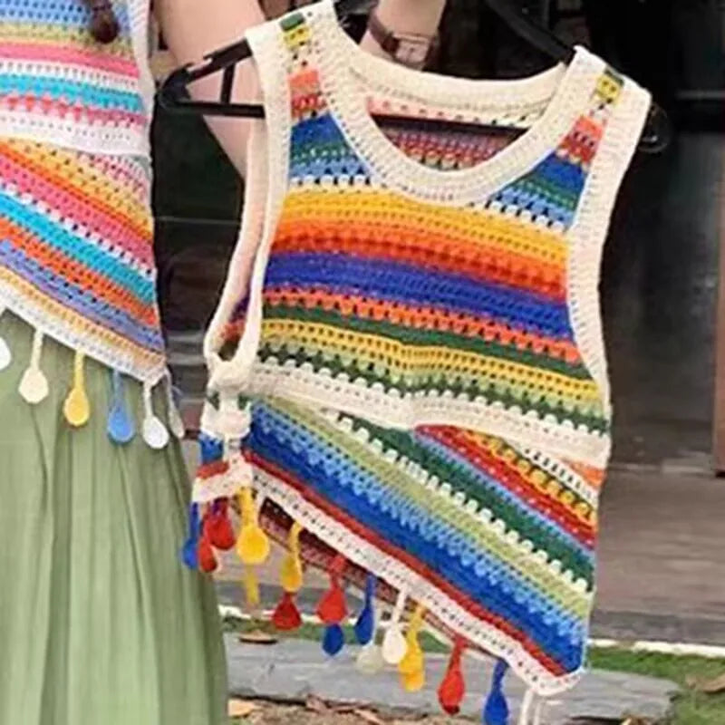 Top patchwork con borlas para mujer – estilo dulce y juvenil de encaje para verano
